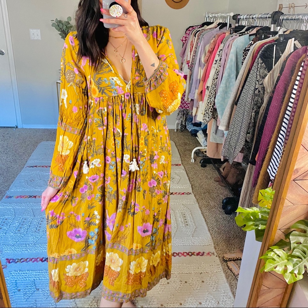 Mustard Yellow Floral Boho Peasant Midi Dress - Picture 4 of 8